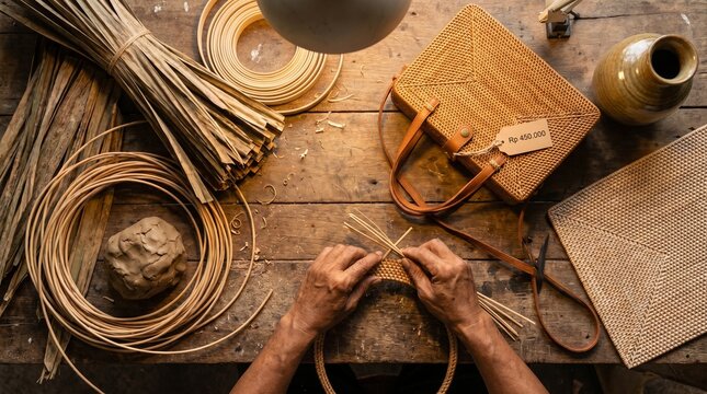Craftsman's hands weaving rattan basket on rustic wooden workbench surrounded by raw pandanus strips and finished polished rattan handbag overhead view