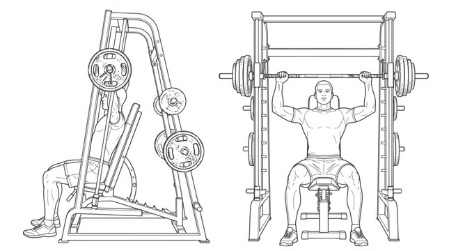 Smith Machine Exercise Illustrations: Two line art illustrations showcasing a man performing exercises on a Smith machine, demonstrating both seated and standing workout positions.