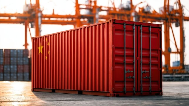 Red shipping container with China flag pattern at industrial port terminal