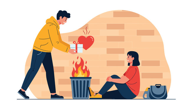 Kind young man offers a gift box to a homeless woman sitting on the sidewalk near a fire in a bin to provide warmth and support.