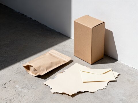 Cardboard box and envelope on concrete floor in sunlight