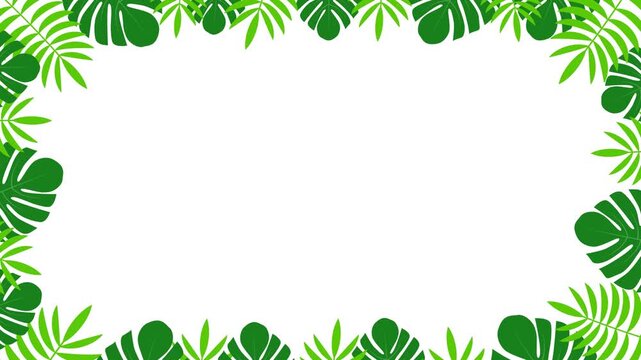 Tropical green palm and monstera leaves frame background with copy space on white for summer