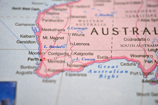 Leonora Australia Goldfields Town on Soft Blurred Western Australia World Map Background with Defocused Inland Location View