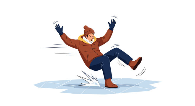 Man in warm winter clothing loses his balance and slips on a patch of ice while flailing his arms in surprise and distress.