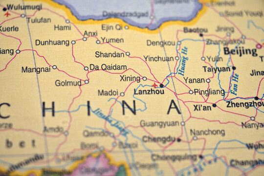 Xining (Qinghai, China) on World Map &ndash; Soft Focus Atlas Background Geography View