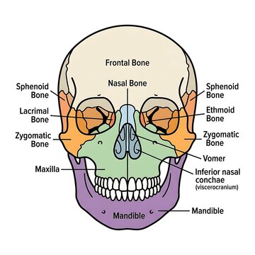 Detailed labeled diagram of human facial bones anatomy.