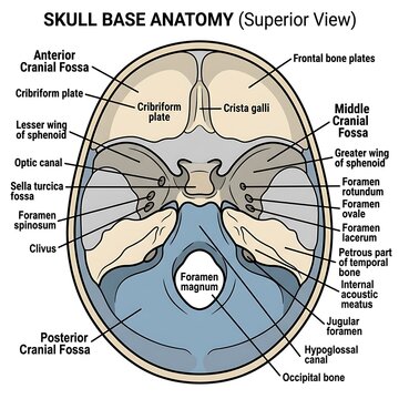 Superior View Diagram of Human Skull Base Anatomy.