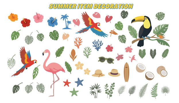 Tropical summer motif element vector set with birds and leaves.Exotic tropical plants and animals vector collection for summer design.