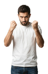 Naklejka premium Angry Man Fists Raised Transparent Background