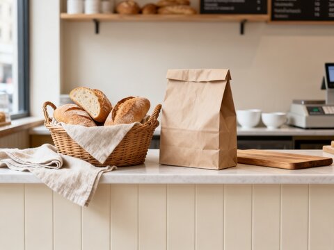 Fresh bread in basket with paper bag on bakery counter