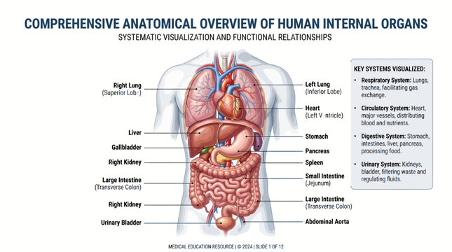 A detailed medical presentation slide featuring human internal organs