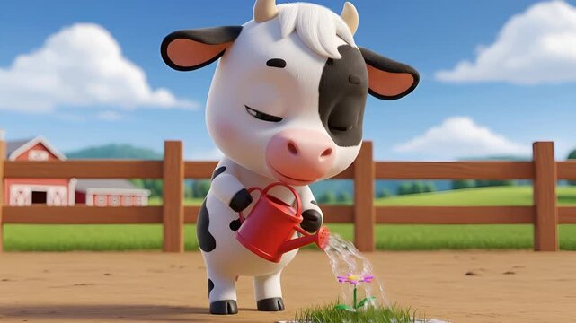 Animated black and white cow character in a farm pasture setting