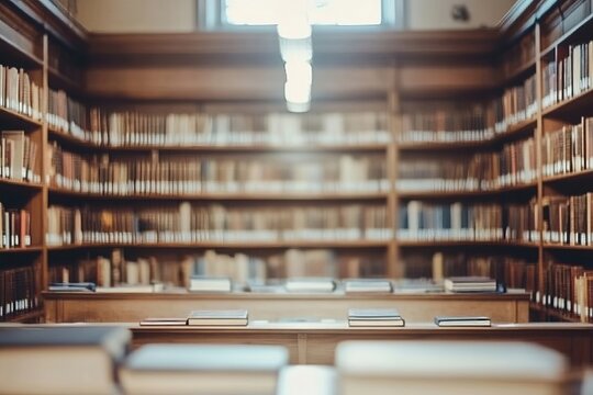 Rustic Traditional Bookstore Interior Room with Antique Wood Tables Blurry Perspective Shot Bokeh