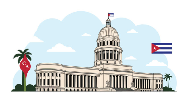 Grand architecture of the National Capitol building in Havana, Cuba, stands majestically under a clear blue sky with national flags.