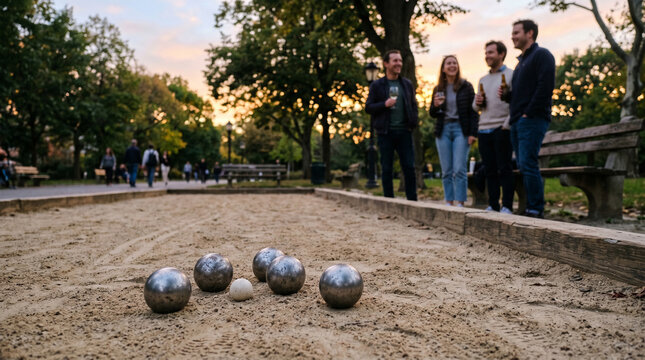 Close-up of metal bocce balls on a sandy court during evening leisure time with friends, peaceful outdoor summer activity