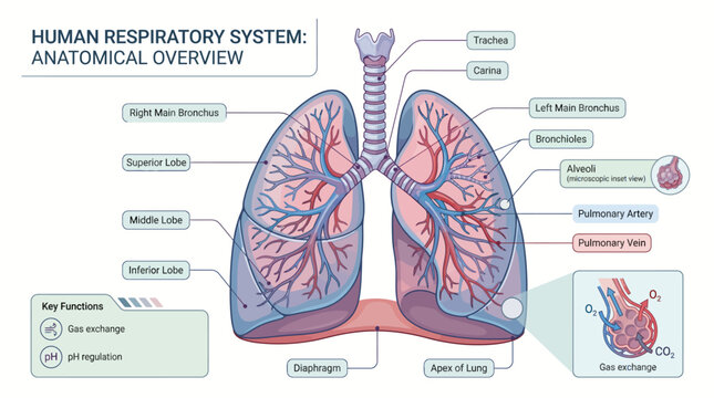 Biomedical vector artwork displaying human lungs with trachea and bronchi