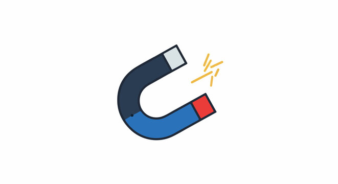 Horseshoe magnet with red and blue ends, attracting yellow sparks