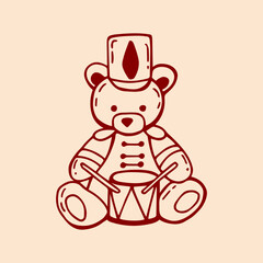 Obraz premium Cozy Christmas vintage whimsical doodle illustration of nutcracker toy bear with drum in sketch style. Hand drawn quirky illustrations. Linear style. Cute coquette red vector design of bear