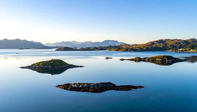 Serene landscape with islands and mountains.