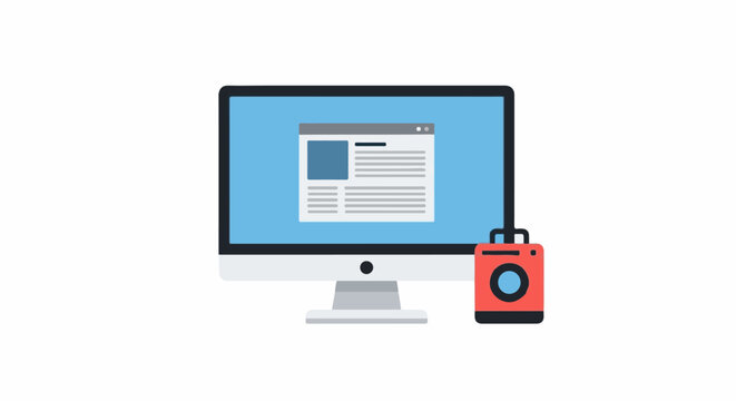 A computer monitor displays a webpage with text and an image, next to a small red camera icon