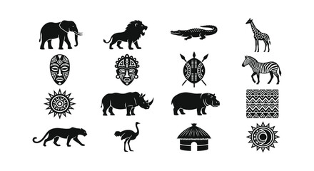 African wildlife and cultural silhouettes on a white background a collection of vector graphics animals culture silhouette illustration © Sagor