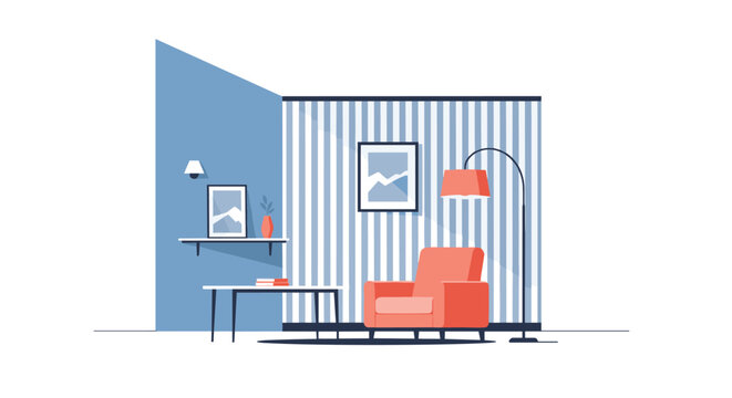Minimalist living room interior design with a comfortable orange armchair, a small side table, wall art, and a tall floor lamp for lighting.