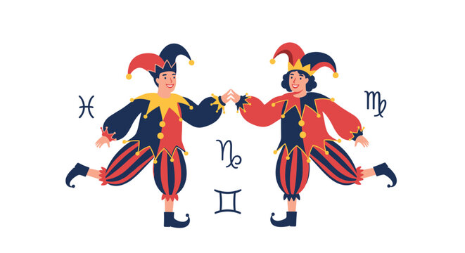 Pair of cheerful jesters in colorful traditional costumes dancing together surrounded by various astrological zodiac symbols on a white background.
