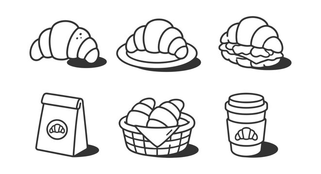 Collection of tasty croissant and coffee icons for bakery and cafe