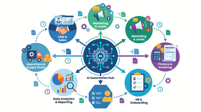IT Automation Hub Ecosystem Diagram Connecting CRM, HR, Analytics and Cloud Systems