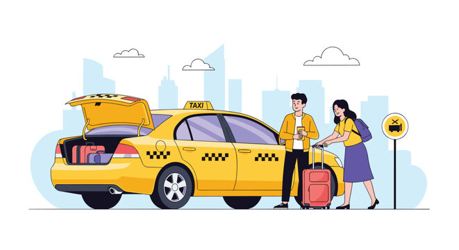 Young couple standing next to yellow taxi with open trunk at airport or station taxi stand while preparing for travel journey.