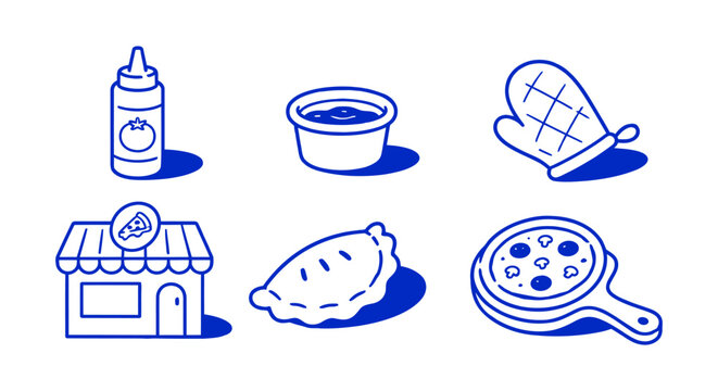 Blue line art icons of pizza shop oven mitt sauce and baked calzone