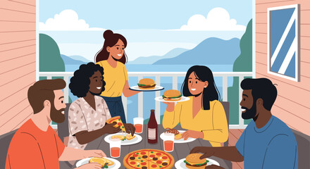 Obraz premium Group of diverse friends enjoying delicious pizza and burgers on sunny balcony with beautiful mountain and sea view.