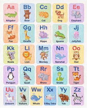 Colorful flashcards featuring various animals from A to Z.