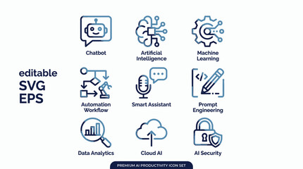 Fototapeta premium Dynamic Vector Icon Set Explore artificial intelligence, machine learning, data analytics, and automation technology for digital innovation projects and smart system design