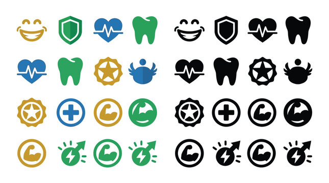 Collection of Icons Representing Health, Strength, and Safety in Both Color and Black and White.