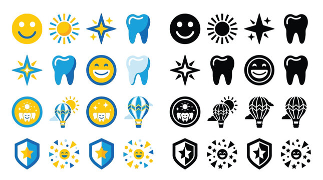 Collection of Icons and Symbols for Design Projects, Including Smiles, Stars, Teeth, Hot Air Balloons, and Shields.