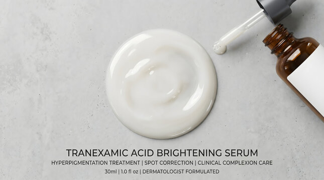 Tranexamic acid brightening serum face skin care product with a dropper bottle and a drop of liquid gel for hyperpigmentation treatment and dark spot correction