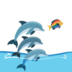 Fototapeta premium Dynamic vector illustration of three blue dolphins leaping from the ocean waves alongside a vibrant rainbow-colored tropical fish on a white background