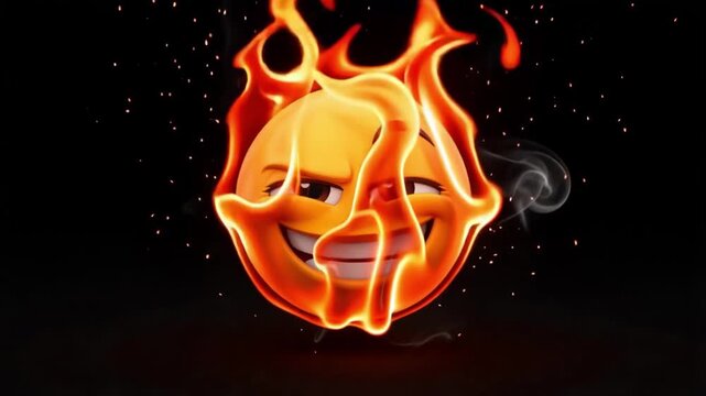 Smirking yellow emoji face surrounded by intense flickering orange flames in this dynamic digital motion video footage animation featuring a dark background with floating embers creating a powerful vi