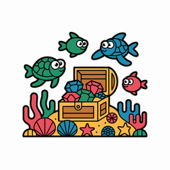 Obraz premium Underwater treasure chest filled with sparkling colorful gems surrounded by friendly fish, sea turtles, and vibrant coral reefs, marine adventure vector