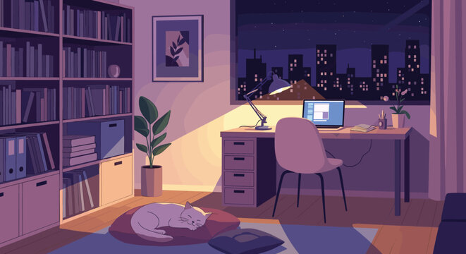 Cozy room interior at night featuring a workspace with a laptop and a peaceful cat sleeping on a cushion near a city view window.