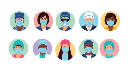Fototapeta premium Collection of diverse healthcare professional avatars including doctors and nurses wearing protective face masks and medical uniforms or caps.
