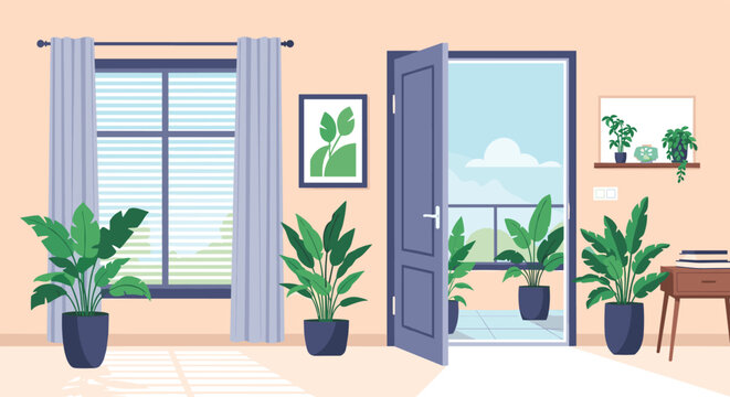 Beautiful and bright living room interior with large windows, several green houseplants, and an open door leading to a scenic outdoor balcony.