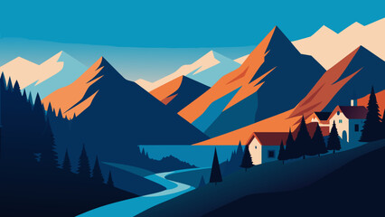 Fototapeta premium Albanian Alps Theth Valley Vector Illustration