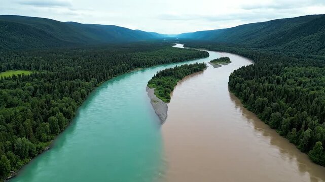 Aerial view of river confluence with contrasting water colors