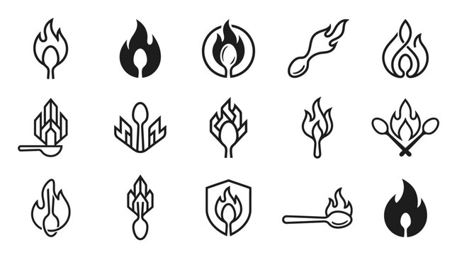 A versatile collection of minimalist fire and matchstick concept icons, illustrating essential elements of flame, heat, and ignition for graphic design