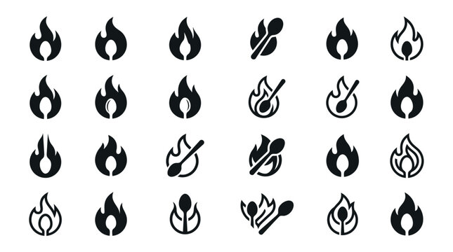 Minimalist black flame and matchstick icons set for heat fire and energy concepts vector graphic elements