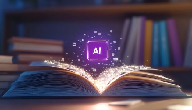 An Open Book With A Floating Metallic Chip Displaying The Letters AI In A Digital Literacy Concept