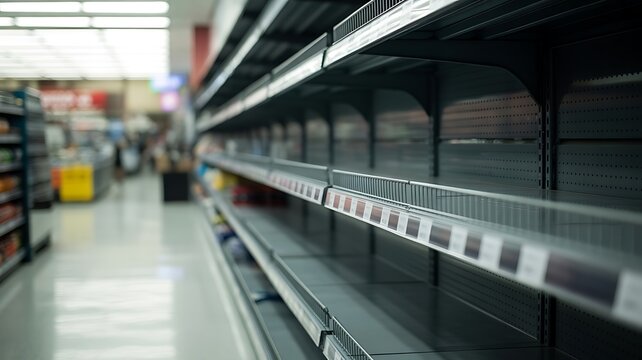 Empty supermarket shelves with product shortage and high demand crisis concept