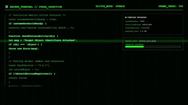 Hacker Terminal JavaScript Code Injection Vulnerability Glitch Animation.